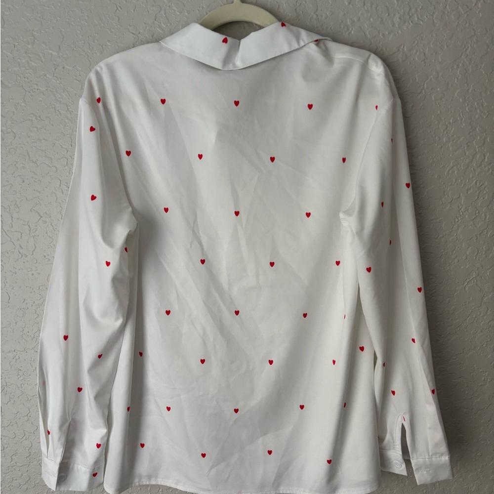 White Button Up with Red Heart Pattern - image 2